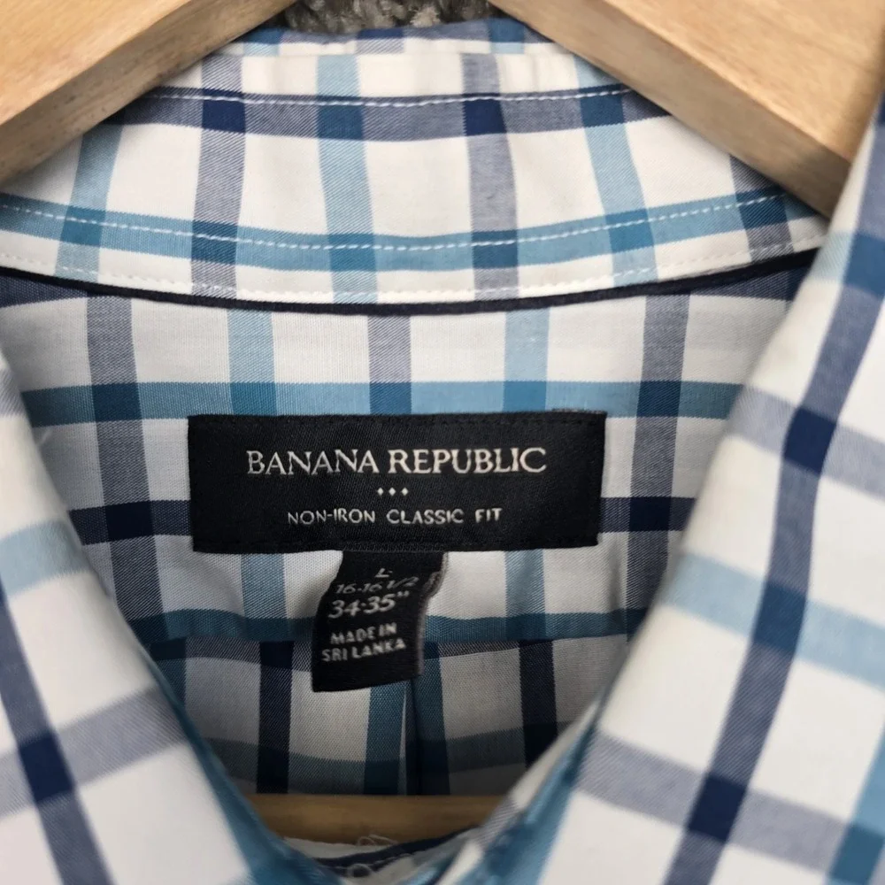 Banana Republic Dress Shirt Mens Large 16-16.5 34/35 Blue Plaid Button Up Casual